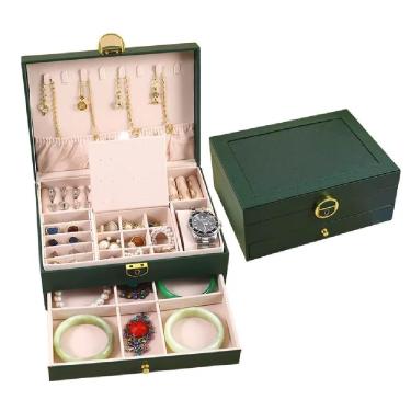 Imagem de Maleta Caixa Porta Joias Estojo Organizador 2 Niveis Gaveta Aneis Brincos Pulseiras Relogio Verde Praticidade E Eleganci