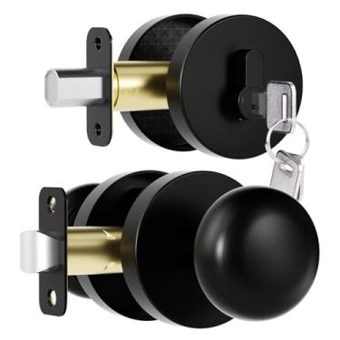 Imagem de Newlaking Conjunto de maçanetas de porta e fechadura preta fosca para porta interior/exterior com conjunto de fechadura de fechadura de cilindro único