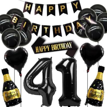 Imagem de Conjunto de decorações de aniversário de 41 anos para mulheres e homens, ouro preto 41 balões de decoração, suprimentos para festa de 41 anos, incluindo faixa, alça de ombro e balão de garrafa de
