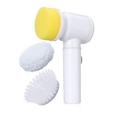 Imagem de Escova de Limpeza Elétrica Multifuncional com 3 Cabeças Intercambiáveis, Branca e Amarela, para Banheiro, Cozinha e Limpeza Geral