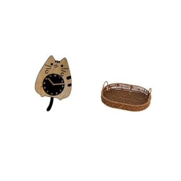 Imagem de Fenteer Relógio de Parede em Forma de Gato, Silencioso, para Pendurar Na Cozinha, Escritório Ou Como Presente de Boas-vindas. Cesta de Vime Trançado, Fruteira