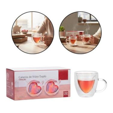 Imagem de Kit 2 Canecas Vidro Borossilicato Duplo Coração 150ml Xícara Transpare