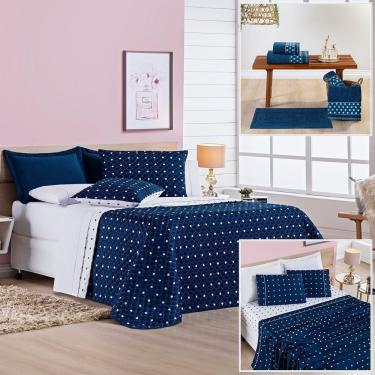 Imagem de Cobre Leito + Jogo de Cama Queen + Jogo de Banho Petit Poá 12 Peças 100% Poliéster - Marinho