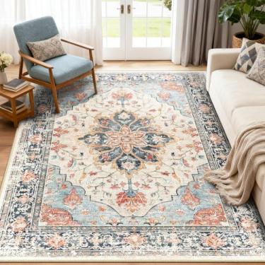 Imagem de RELEANY Tapetes de área 1,5 x 18 m lavável aspirador de pó, antiderrapante, floral, vintage, estampa de angústia, tapete medalhão para sala de estar, quarto, bege, azul marinho, laranja, colorido