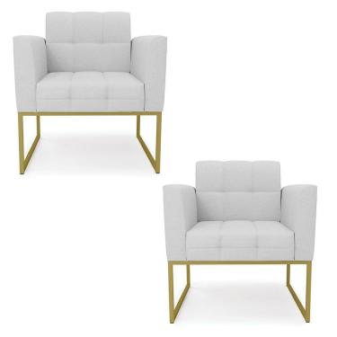 Imagem de Kit 2 Poltronas Elisa Linho Cinza A05 Base Metálica Industrial Dourada - D'rossi