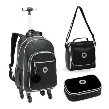 Imagem de Kit Mochila De Rodinhas + Lancheira + Estojo Just Love Denlex Preta