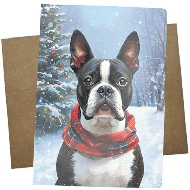 Imagem de Cartão de Natal Premium Boston Terrier, 13 x 7 polegadas e em branco dentro, papel branco pesado com envelope Kraft, design de cena de inverno, feito nos EUA - 1345