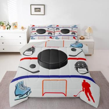 Imagem de Conjunto de edredom solteiro de hóquei no gelo, estampa de jogo de bola, capacete de hóquei, jogos esportivos, para crianças, meninas, meninos, jogos competitivos, trabalho em equipe, decoração de