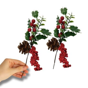 Imagem de Buquê de Frutinhas Azevinho Artificial Flor Realista | Decoração Floral, Cacho Decorativo Natalino com Pinha e Folhas Verdes 29cm | para Árvore de Natal Enfeite De Festas de Final de Ano