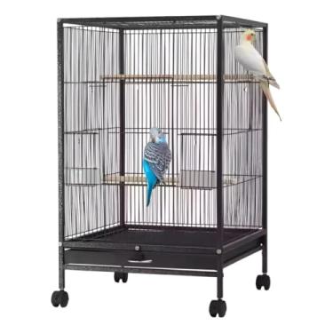 Imagem de Viveiro Metálico Premium de Luxo B03L | Estrutura Reforçada com Rodízios, Bandeja Removível e Acessórios | Para Calopsitas, Periquitos, Agapornis e Aves de Pequeno e Médio Porte (Preta)