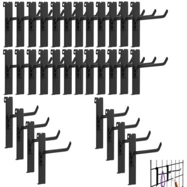 Imagem de Ganchos de parede de grade, 32 peças, ganchos de pendurar de painel de grade de 5 cm, pinos de metal para grade, acessórios pretos para grade, cabides de grau comercial para mercado, garagem, loja de