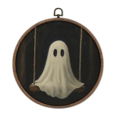 Imagem de DTLGTG Arte de parede de Halloween de fantasma engraçado em um balanço, pintura fantasma redonda emoldurada, decoração vintage de Halloween, decoração de parede fantasma fofo para quarto ou sala de