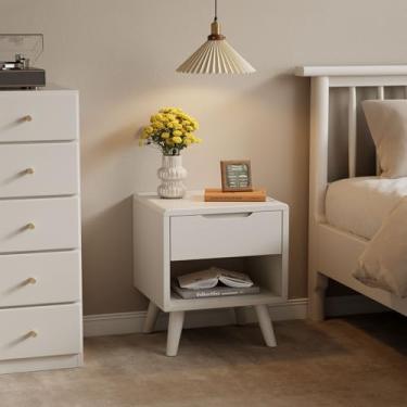 Imagem de Mesa de cabeceira de madeira maciça, mesa de cabeceira branca com gavetas, mesa de cabeceira moderna de meados do século, pequena mesa de cabeceira para quarto, dormitório e sala de estar, mesa de