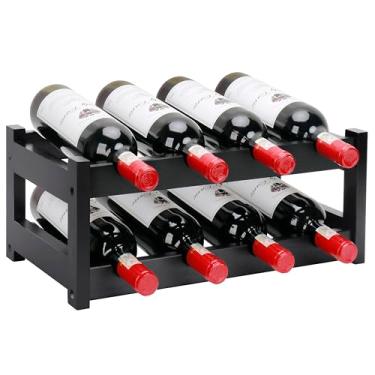 Imagem de Thalomely Rack de vinho de bambu, prateleira de armário de armazenamento de vinho com 8 garrafas de 2 camadas, prateleiras de bambu independentes de fácil montagem, bancada para cozinha, despensa