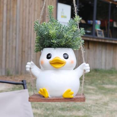 Imagem de HUNTHAWK Vaso de pato giratório, branco com bico amarelo, vaso decorativo de jardim em base de madeira, recipiente para plantas internas