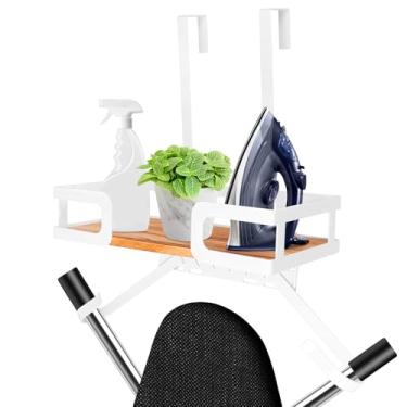 Imagem de ZJRDYYK Suporte de tábua de passar roupa, tábua de passar e cabide de ferro com cesta de armazenamento de base de madeira e ganchos removíveis para casa de lavanderia e fazenda (branco, sobre a porta)