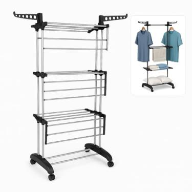 Imagem de Varal Vertical de Chão 3 Andares Ajustáveis Dobrável Multiuso com Rodinhas 360 Cabideiro (Preto)