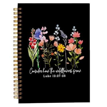 Imagem de Welshower Caderno espiral cristão Wildflower, caderno bíblico para anotações, Diário das Escrituras da Bíblia de Lucas 12:27-28, diários de oração religiosa para mulheres, 14 x 21 cm