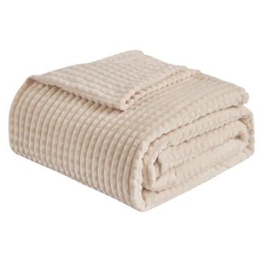 Imagem de EMME Cobertor de lã, cobertor jacquard 3D para sofá e cama, cobertores macios, aconchegantes e fofos, flanela de luxo leve com design de grade geométrica (bege, 274 x 228 cm)