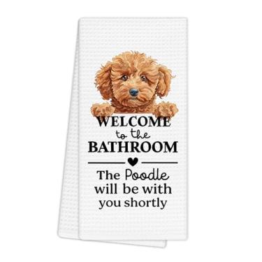 Imagem de EGBTL Toalhas de cozinha engraçadas Poodle, decoração de banheiro engraçada, presentes de poodle para amantes de cães, decoração de toalhas de mão, bem-vindo ao banheiro, um cachorro estará com panos