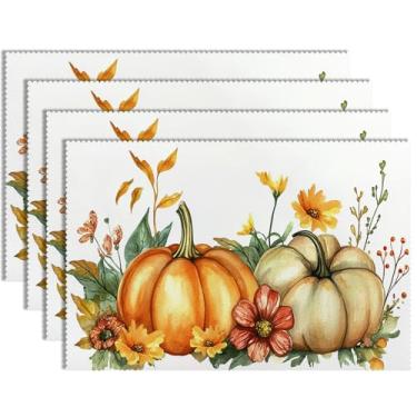 Imagem de Jogo americano de abóbora de outono, conjunto de 4, tapetes de mesa de poliéster de 30 x 45 cm com borda cortada a laser, resistente ao calor, outono, dia de Ação de Graças, para decoração de festa