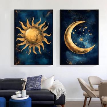 Imagem de Pintura Boho Sol Lua Tela Arte de Parede Moderno Celestial Pôster Azul Dourado Pintura Abstrata Sol e Lua Imagens Azul e Dourado Minimalista Arte de Parede Impressões Abstratas Modernas para Quarto 40