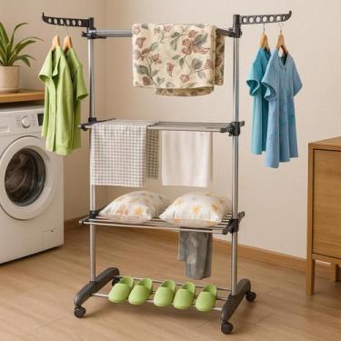 Imagem de Varal de Chão Dobrável 3 Andares Bandejas Cabideiro Portátil Compacto 