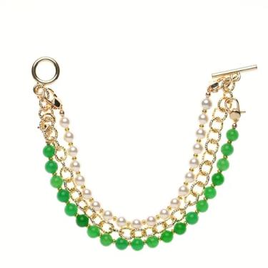 Imagem de Zynzonis Pulseiras femininas em camadas de ágata verde e pérola sintética – Conjunto de pulseiras de contas empilháveis de 3 fios com corrente banhada a ouro, joias modernas modernas, presente de
