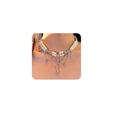 Imagem de Colar feminino com cruz de pérola em camadas, colar vintage com pingente de borla em gota d'água, acessórios de joias personalizadas para presente de Halloween, Large, Liga de aço, Sem Pedra Preciosa