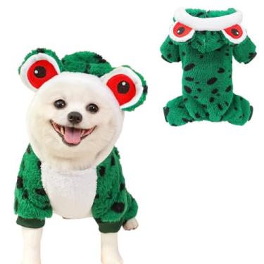 Imagem de JAAQUCD Fantasia engraçada de sapo de cachorro pequeno de Halloween pijama de lã para cães casaco frio com anel D roupas de inverno para gatos (sapo verde, médio)