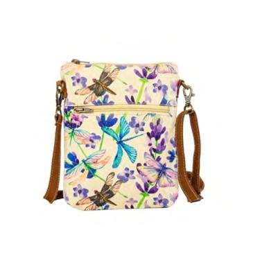 Imagem de COTT N CURLS Dragonflies Serenade Slim Sling Bag para mulheres - 86 x 19 cm bolsa de libélula para mulheres, tela estampada floral em aquarela, alça de couro, lindo presente de aniversário para mãe