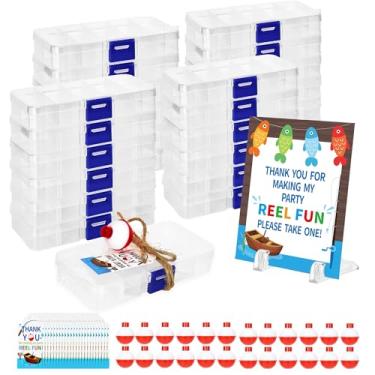 Imagem de Bafeil Pacote com 24 lembrancinhas de festa de aniversário com tema de pesca – Mini caixas de doces com bobinas, etiquetas de agradecimento, corda, placa e suportes para decorações de pesca perdida