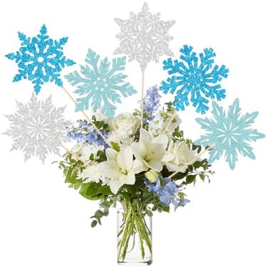 Imagem de Ephlyn 12Pcs Snowflake Centerpiece Sticks Frozen Snowflake Table Flower Centerpieces Christmas Floral Decorations for Winter Wonderland Baby Shower Frozen Birthday Party Supplies Lighe Blue Silver