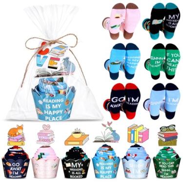 Imagem de Foaincore 6 conjuntos de meias femininas de leitura para amantes de livros com embalagem de presente de cupcake, cartão comemorativo, fita adesiva, corda de juta, sacos transparentes de leitura para
