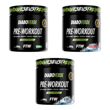 Imagem de FTW Kit 3x Pré-Treino Diabo Verde em Pó com Cafeína - Pote 300 g (Black Ice + Cereja Ice + Limão)