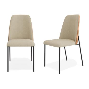 Imagem de Kit 02 Cadeiras Sala De Jantar Lior Estofada Base Preta Linho Bege Couríssimo Whisky - Abmaza