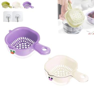 Imagem de Cesta de drenagem de camada dupla de cozinha com alça, escorredor de plástico e conjunto de lavatório para frutas, legumes, macarrão, arroz, tigela de filtro de drenagem fácil para cozinha doméstica