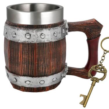 Imagem de Norse Viking Caneca de cerveja de barril de madeira - Caneca de café legal de 595 g de aço inoxidável, presente para homens, decoração nórdica