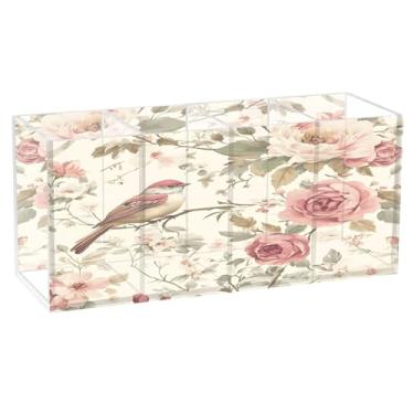 Imagem de SEHANY Lindo porta-canetas de acrílico com flores em aquarela, pássaro, 4 compartimentos, porta-lápis transparente, organizador de pincéis de maquiagem, organizador de papelaria para escritório, casa