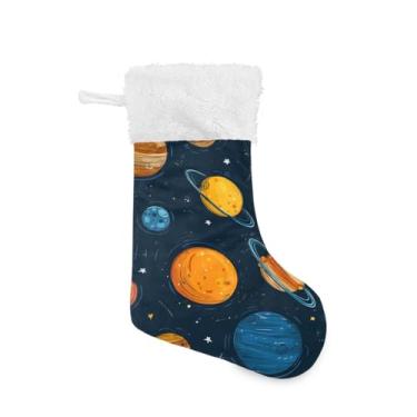 Imagem de ATTX Pacote com 2 meias de Natal com desenho animado sistema solar planetas com punho de pelúcia branco - Decoração de Natal para presentes, meia de 47,7 polegadas (474)