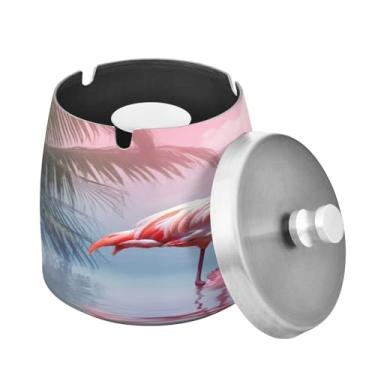 Imagem de Blueangle Cinzeiro de flamingos rosa tropical com tampa para cigarros, à prova de vento/à prova de chuva, aço inoxidável, sem fumaça, inodoro, cinzeiro para uso interno ou externo (363)