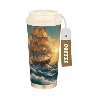 Imagem de Blueangle Caneca de café isolada com pintura a óleo de barco à vela - copo de aço inoxidável à prova de vazamento e derramamento para acampamento e ar livre, garrafa de água reutilizável de 500 ml com