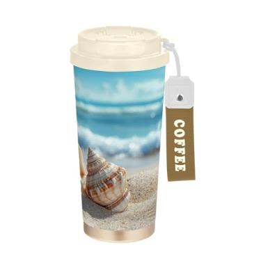 Imagem de SEHANY Caneca de viagem Summer Sea Beach Starfish 482 g Copos de café reutilizáveis revestidos de cerâmica com tampa à prova de vazamento, parede dupla, isolamento a vácuo, copo de café de aço
