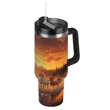 Imagem de SEHANY Copo Majestic Horse de 850 g com tampa e canudo, aço inoxidável de vácuo duplo isolado garrafa de água esportiva suporte de copo de café de viagem à prova de vazamento para bebida gelada