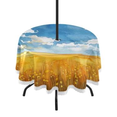 Imagem de Blueangle Toalha de mesa redonda de campo amarelo impermeável de 152 cm com orifício para guarda-chuva - Tecido resistente à prova de sol para todos os climas para pátio, acampamento, piquenique. (690