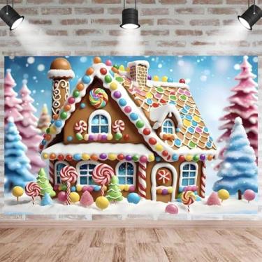 Imagem de Pano de fundo de casa de gengibre de Natal para sessão de fotos pirulito candyland chá de bebê decorações de festa de aniversário doces festa familiar crianças retrato foto fundo (1,5 x 1,5 m)