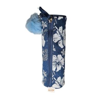 Imagem de Estojo Necessaire Floral Pompom Azul Jeans Escolar Flores