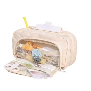 Imagem de Estojos com compartimentos，Estojos de grande capacidade，Estojo Escolar De Lápis De Papelaria Armazenamento Portátil De Grande Capacidade(Bege)