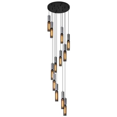 Imagem de Luminária pendente linear de concreto preto com 12 lâmpadas e cúpula de malha metálica, lustre grande para escada, hall de entrada, sala de estar, quarto, vestíbulo ou pé direito alto. Ideal