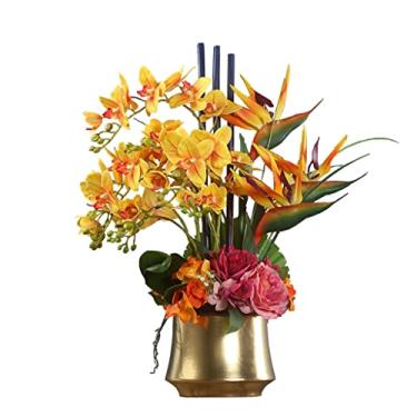 Imagem de LMJYU Flores artificiais para decoração de alta simulação de arranjo de flores orquídeas artificiais com vaso de cerâmica ouden arte de flores artificiais terno para casa fluxo artificial